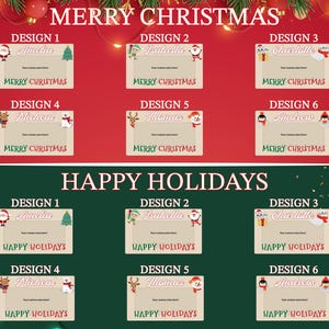 May include: Six different Christmas gift tag designs with various holiday characters. Each tag has a space for a name and a message. The designs include a snowman, Santa Claus, a reindeer, a penguin, and a polar bear. The tags are beige with red and green accents. The text on the tags reads "Merry Christmas" and "Happy Holidays".