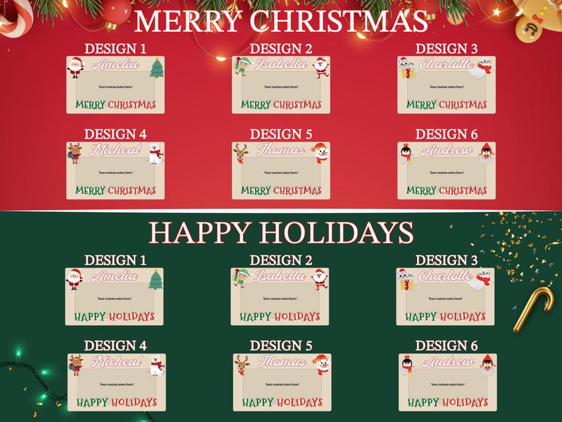 May include: Six different Christmas gift tag designs with various holiday characters. Each tag has a space for a name and a message. The designs include a snowman, Santa Claus, a reindeer, a penguin, and a polar bear. The tags are beige with red and green accents. The text on the tags reads "Merry Christmas" and "Happy Holidays".