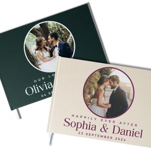 May include: Two wedding guest books with a circular photo of the couple on the front cover. The first book has a dark green cover with the text "Our Love Olivia 04 September" and the second book has a beige cover with the text "Happily Ever After Sophia & Daniel 23 September 2024".