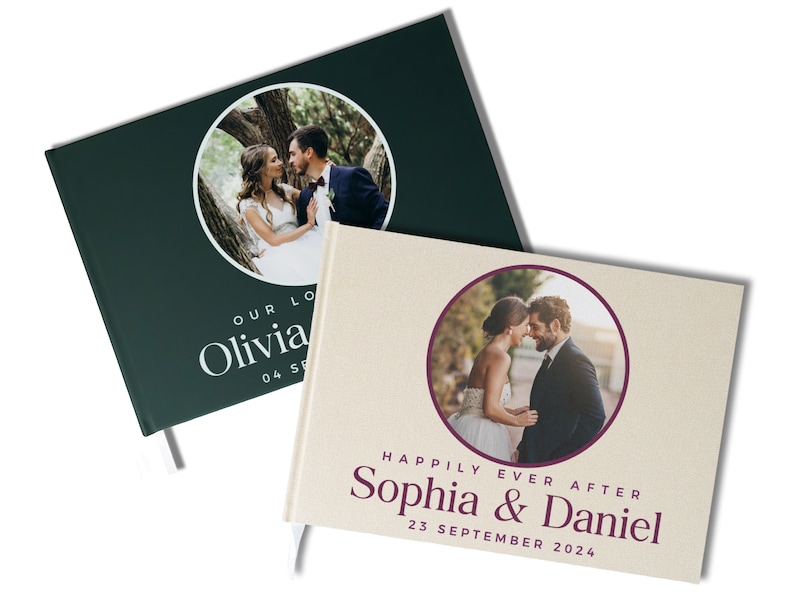 May include: Two wedding guest books with a circular photo of the couple on the front cover. The first book has a dark green cover with the text "Our Love Olivia 04 September" and the second book has a beige cover with the text "Happily Ever After Sophia & Daniel 23 September 2024".