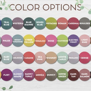 May include: Color chart with 45 different color swatches, each with a name. The colors range from dark blue to light pink and include shades of green, yellow, red, and brown.