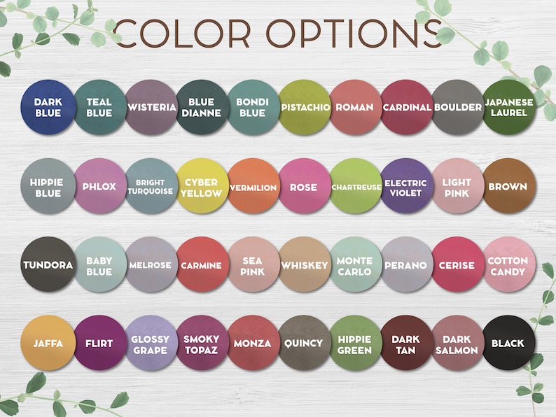 May include: Color chart with 45 different color swatches, each with a name. The colors range from dark blue to light pink and include shades of green, yellow, red, and brown.