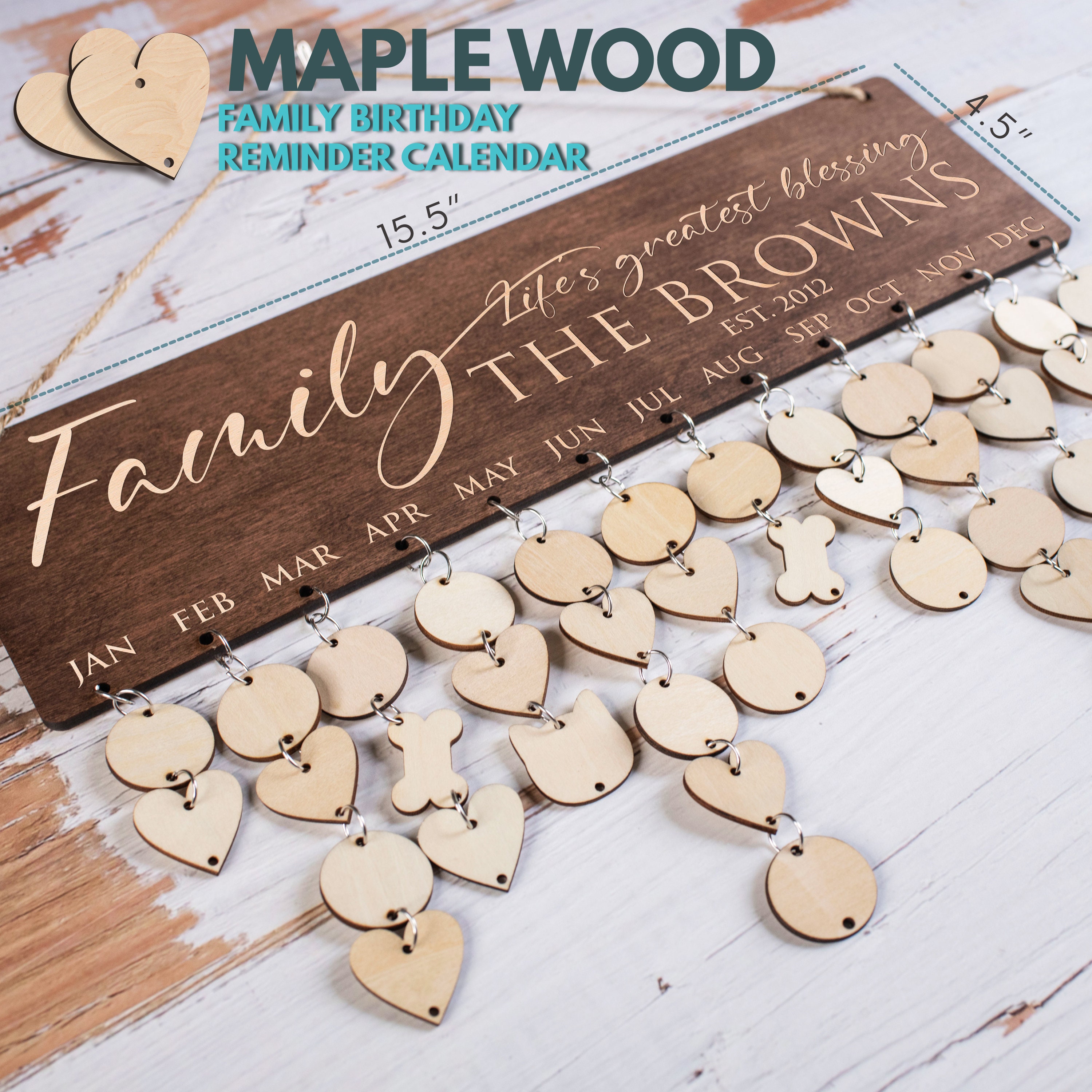100) Wooden HEARTS shapes 2-Holes Family Birthday Date Board Tags – ZLazr
