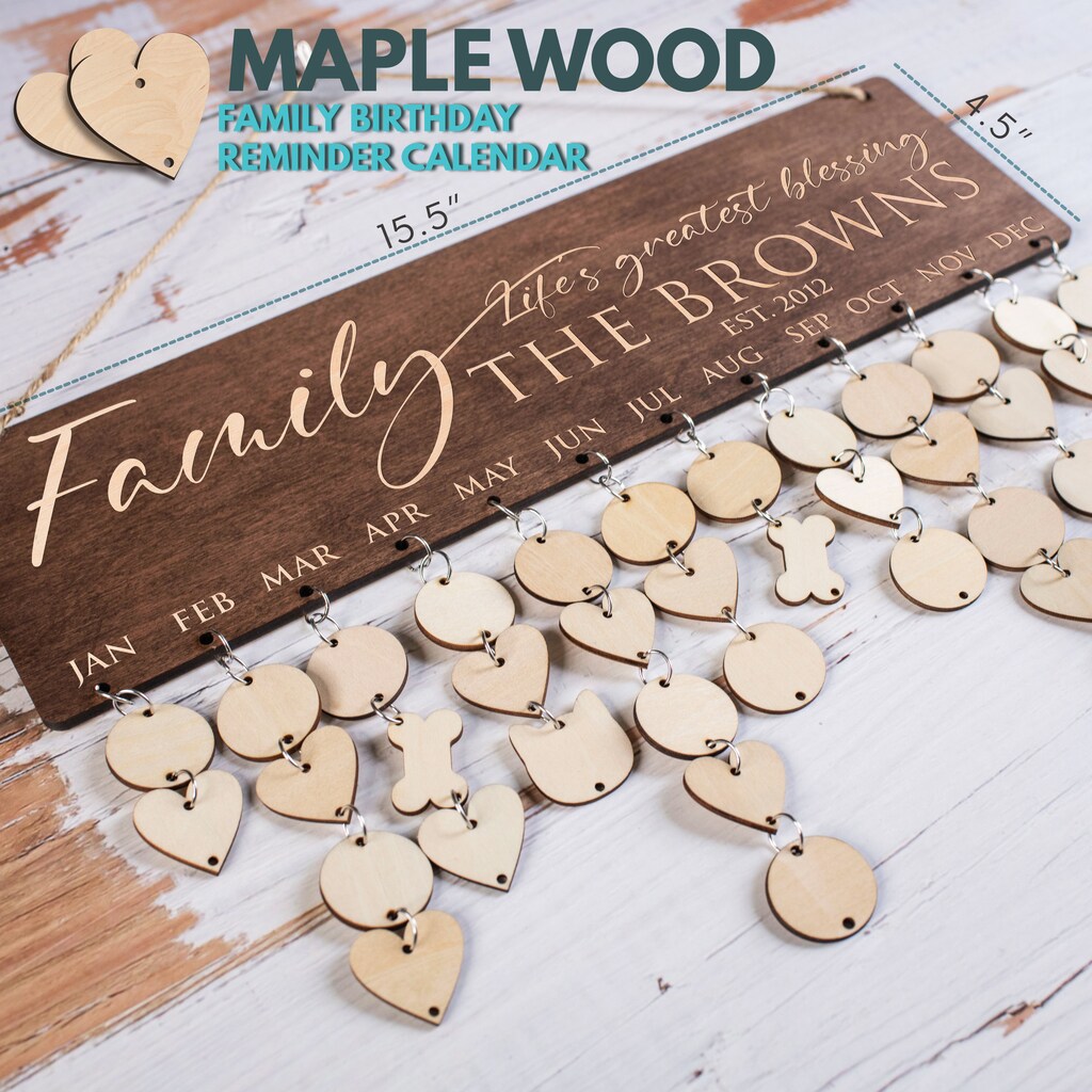 Alcioneo Calendario Compleanni In Legno Da Appendere - Promemoria Con Dischetti - 40x12cm