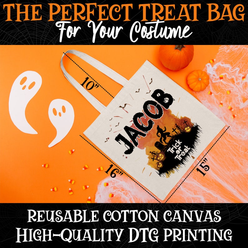 May include: A white canvas tote bag with a Halloween-themed design featuring a spooky forest scene, pumpkins, and the name "JACOB". The bag has black handles and measures 10 inches tall, 16 inches wide, and 15 inches deep.
