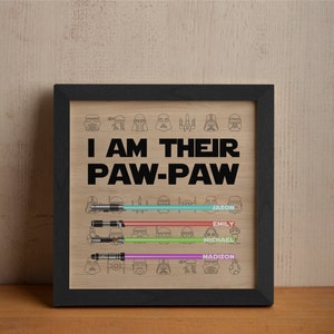 May include: Framed artwork with the text "I AM THEIR PAW-PAW" and lightsaber illustrations. The names Jason, Emily, Michael, and Madison are below the lightsabers. The artwork is in a black frame and set against a wood grain background.