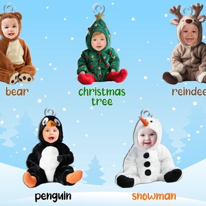 Pu&ograve; includere: Cinque diversi design di addobbi natalizi con bambini vestiti con vari costumi. Gli addobbi includono un orso, un albero di Natale, una renna, un pinguino e un pupazzo di neve.