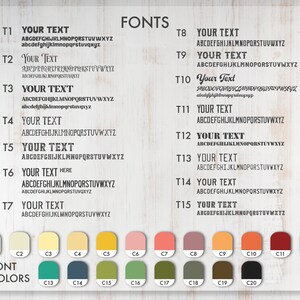 May include: A chart with 15 different font styles labeled T1 through T15. Each font style shows the alphabet in uppercase and lowercase. Below the fonts are 20 color swatches labeled C1 through C20. The color swatches are in various shades of yellow, green, brown, and red.
