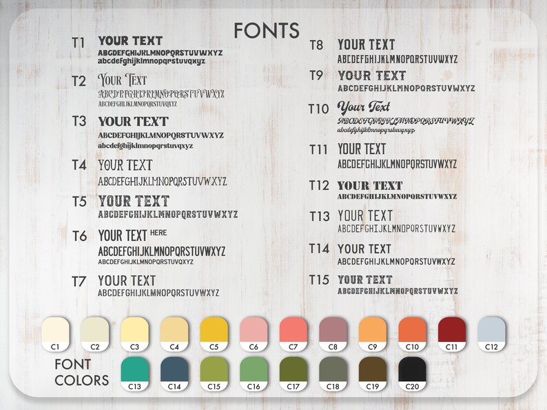 May include: A chart with 15 different font styles labeled T1 through T15. Each font style shows the alphabet in uppercase and lowercase. Below the fonts are 20 color swatches labeled C1 through C20. The color swatches are in various shades of yellow, green, brown, and red.
