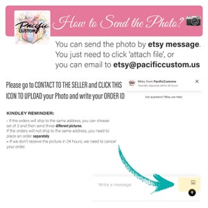 May include: A graphic with instructions on how to send a photo for a custom order. The text says "How to Send the Photo?" and includes the email address etsy@pacificcustom.us. The graphic also includes a reminder that if the orders will ship to the same address, you can choose a set of 3 and then send three different pictures. If the orders will not ship to the same address, you need to place an order separately. If the picture is not received within 24 hours, the order will be canceled.
