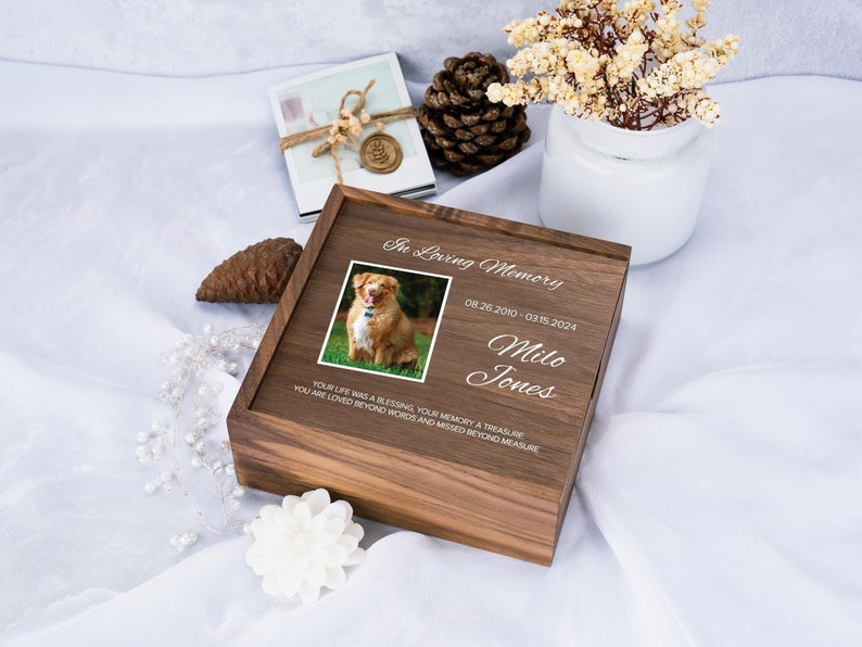 May include: A wooden box with a photo of a dog and the text "In Loving Memory 08.26.2010 - 03.15.2024 Milo Jones Your life was a blessing your memory a treasure you are loved beyond words and missed beyond measure"