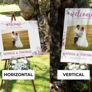 May include: A wedding welcome sign with the text "welcome to our beginning" in a cursive font. The sign features a photo of a couple and the names "Sophia & Thomas" with the date "August 18, 2024". The sign is displayed on a wooden easel.