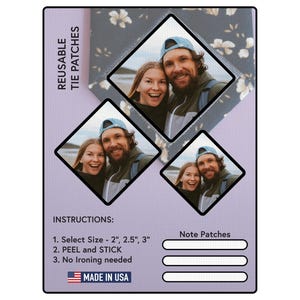 May include: Reusable tie patches with a floral design. The patches are available in three sizes: 2 inches, 2.5 inches, and 3 inches. Instructions for using the patches are included: peel and stick, no ironing needed. Made in the USA.