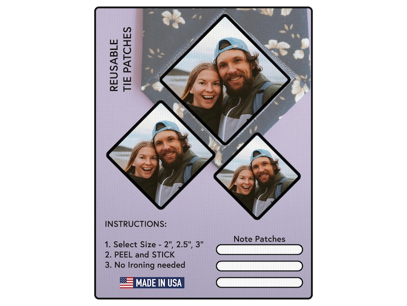 May include: Reusable tie patches with a floral design. The patches are available in three sizes: 2 inches, 2.5 inches, and 3 inches. Instructions for using the patches are included: peel and stick, no ironing needed. Made in the USA.