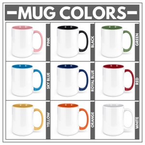 May include: A set of 10 blank white mugs with different colored rims and handles. The colors include pink, black, green, sky blue, royal blue, red, yellow, orange, and white.