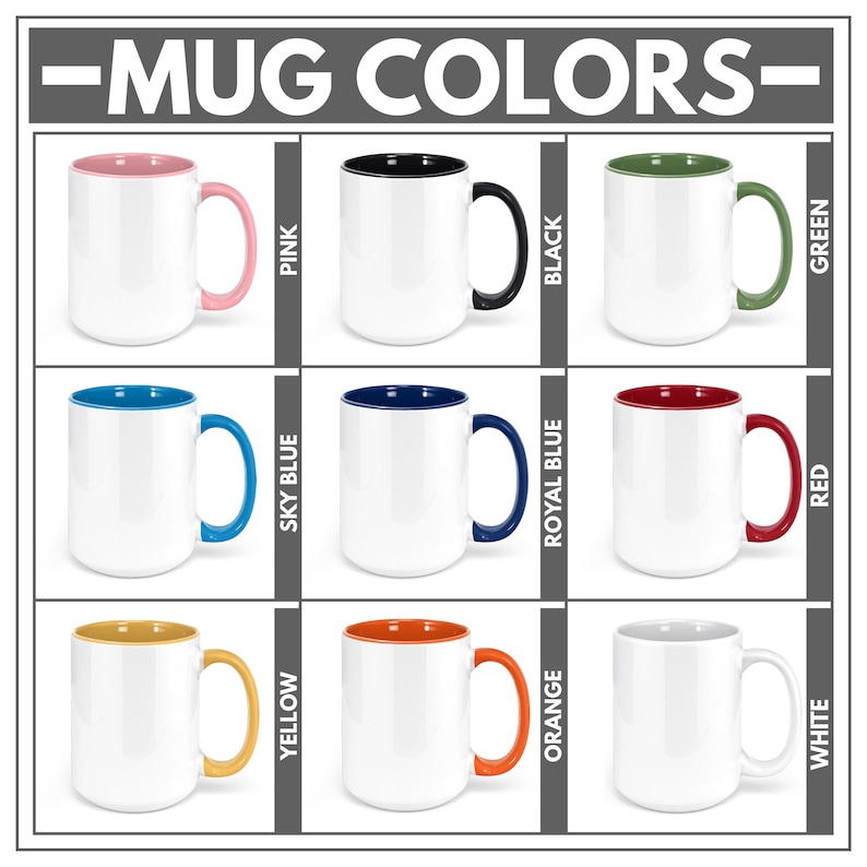May include: A set of 10 blank white mugs with different colored rims and handles. The colors include pink, black, green, sky blue, royal blue, red, yellow, orange, and white.