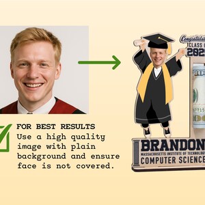 Op de afbeelding: Een afstudeer-geldhouder met een cartoon-afgestudeerde en een foto van een lachende man. De houder bevat een opgerold biljet, de naam "BRANDON" en "CLASS OF 2025". De tekst "MASSACHUSETTS INSTITUTE OF TECHNOLOGY COMPUTER SCIENCE" is ook zichtbaar.