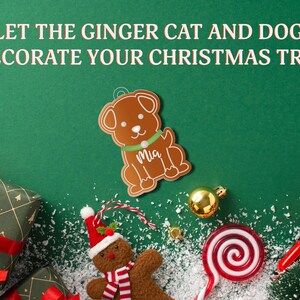 May include: Gingerbread ornament shaped like a dog with the name "Mia" written on it. The ornament is surrounded by Christmas decorations, including a gingerbread person, a candy cane, and a red toy car.