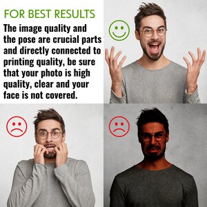 Puede incluir: Un collage de cuatro im&aacute;genes que muestran a la misma persona con diferentes expresiones faciales. La imagen superior izquierda muestra un icono de cara sonriente verde. La imagen superior derecha muestra a la persona con una expresi&oacute;n de sorpresa y las manos levantadas. La imagen inferior izquierda muestra un icono de cara frunciendo el ce&ntilde;o rojo. La imagen inferior derecha muestra a la persona con una expresi&oacute;n de ce&ntilde;o fruncido. El texto "FOR BEST RESULTS" est&aacute; en la parte superior de la imagen. El texto debajo de las im&aacute;genes dice "La calidad de la imagen y la pose son partes cruciales y est&aacute;n directamente conectadas a la calidad de impresi&oacute;n, aseg&uacute;rese de que su foto sea de alta calidad, clara y que su rostro no est&eacute; cubierto."