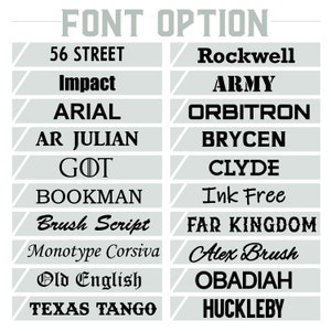 Może przedstawiać: Wykres z listą r&oacute;żnych nazw czcionek, w tym 56 Street, Impact, Arial, AR Julian, GOT, Bookman, Brush Script, Monotype Corsiva, Old English, Texas Tango, Rockwell, Army, Orbitron, Brycen, Clyde, Ink Free, Far Kingdom, Alex Brush, Obadia i Huckleberry.