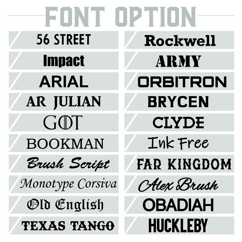 Może przedstawiać: Wykres z listą r&oacute;żnych nazw czcionek, w tym 56 Street, Impact, Arial, AR Julian, GOT, Bookman, Brush Script, Monotype Corsiva, Old English, Texas Tango, Rockwell, Army, Orbitron, Brycen, Clyde, Ink Free, Far Kingdom, Alex Brush, Obadia i Huckleberry.
