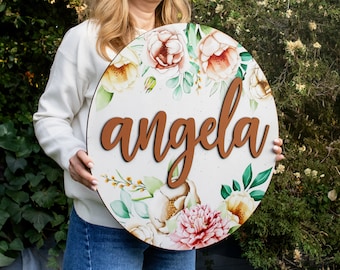 Custom Name Sign, Personalized Wooden Name Sign for Nursery Wall Decor, Wood Baby Nursery Name Sign, Wooden Sign, Baby Name Sign w/ Flowers