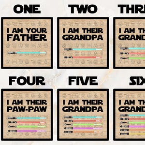 May include: A set of six framed wooden plaques with Star Wars-themed quotes and lightsaber illustrations. Each plaque features a different family title, such as "Father" or "Grandpa," and includes names and lightsaber colors. The text "Up to Six Sabers" is on the left.