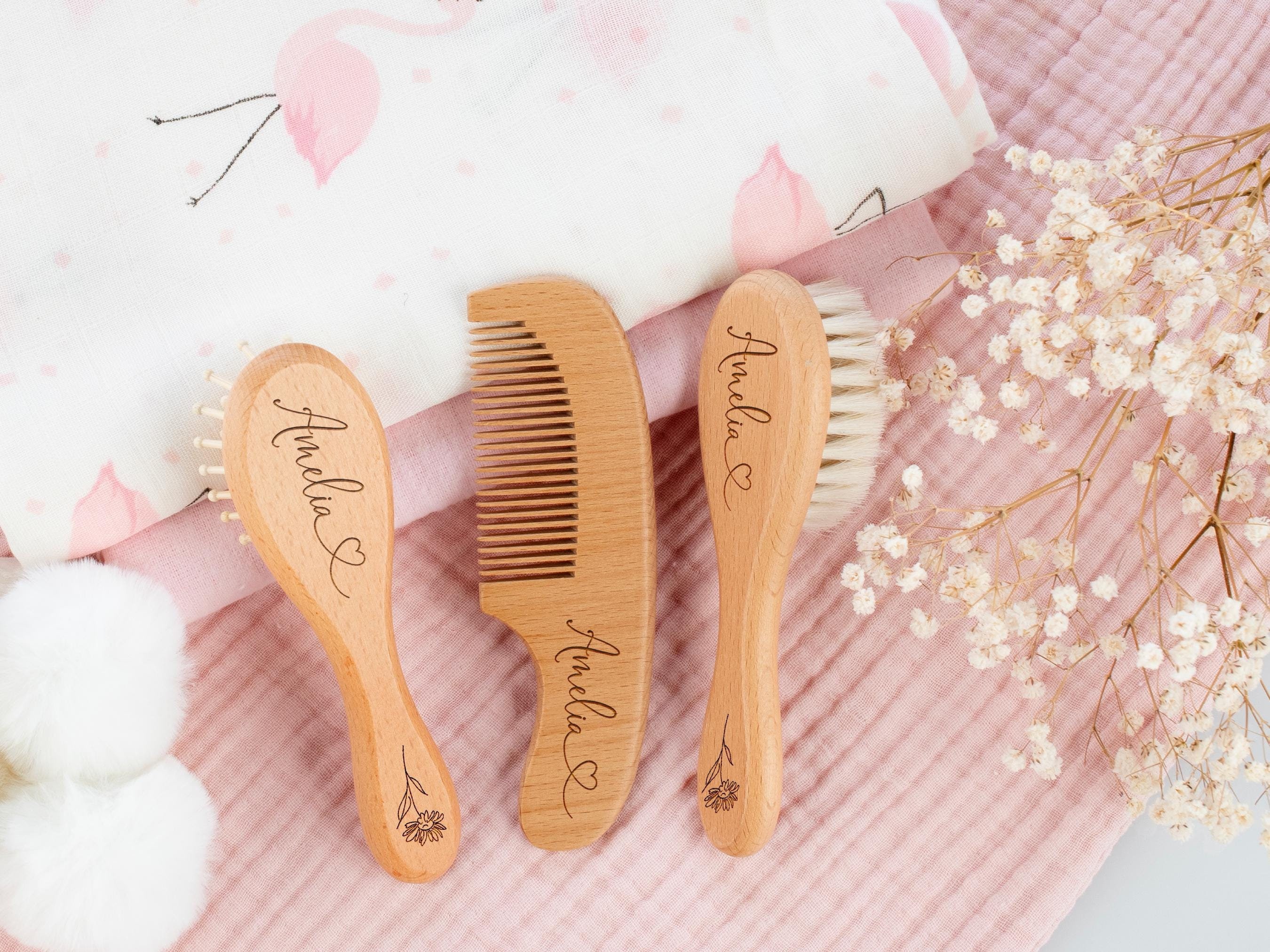Personalized Baby Brush and Comb Set, Wooden Baby Hairbrush, Engraved Name Brush, Baby Shower, New Mom Gift, Newborn Gift