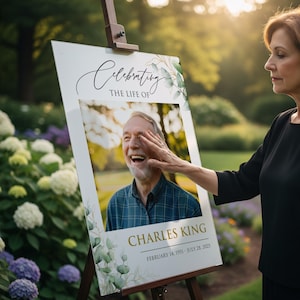 May include: A memorial sign on an easel with the text "Celebrating the Life of Charles King". The sign includes a photo of a smiling man and dates: February 14, 1951 - July 28, 2023. A woman touches the sign.