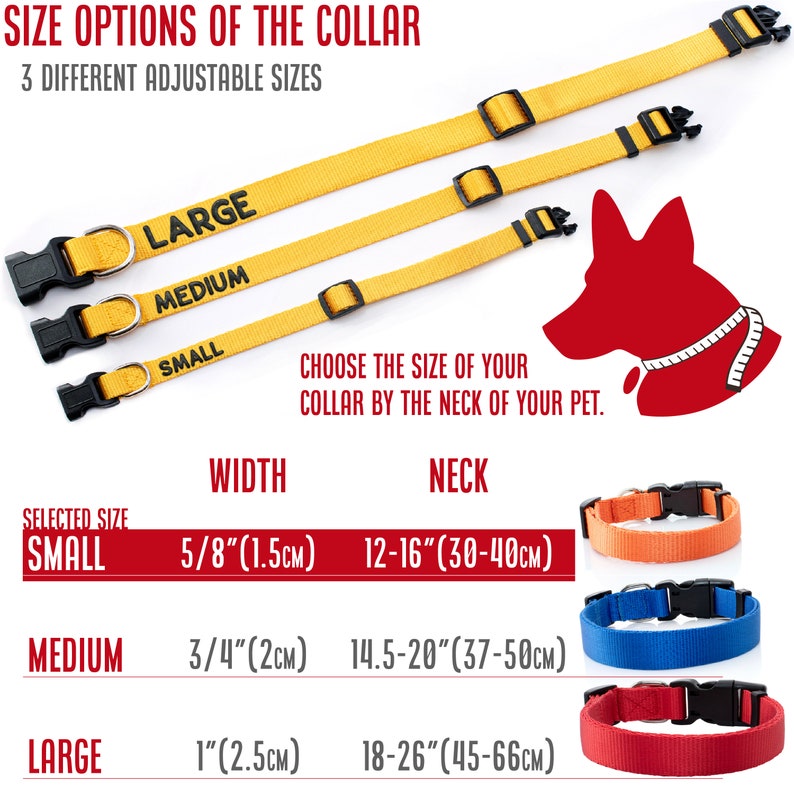 May include: Yellow adjustable dog collars in small, medium, and large sizes. The image shows the width and neck measurements in inches and centimeters. The text reads "Size Options of the Collar" and "Choose the size of your collar by the neck of your pet."
