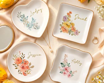 Bandeja para joyas personalizada con la flor de nacimiento, bandeja para joyas, regalo para damas de honor, bandeja para anillos de joyería personalizada, propuesta para damas de honor, regalo de boda