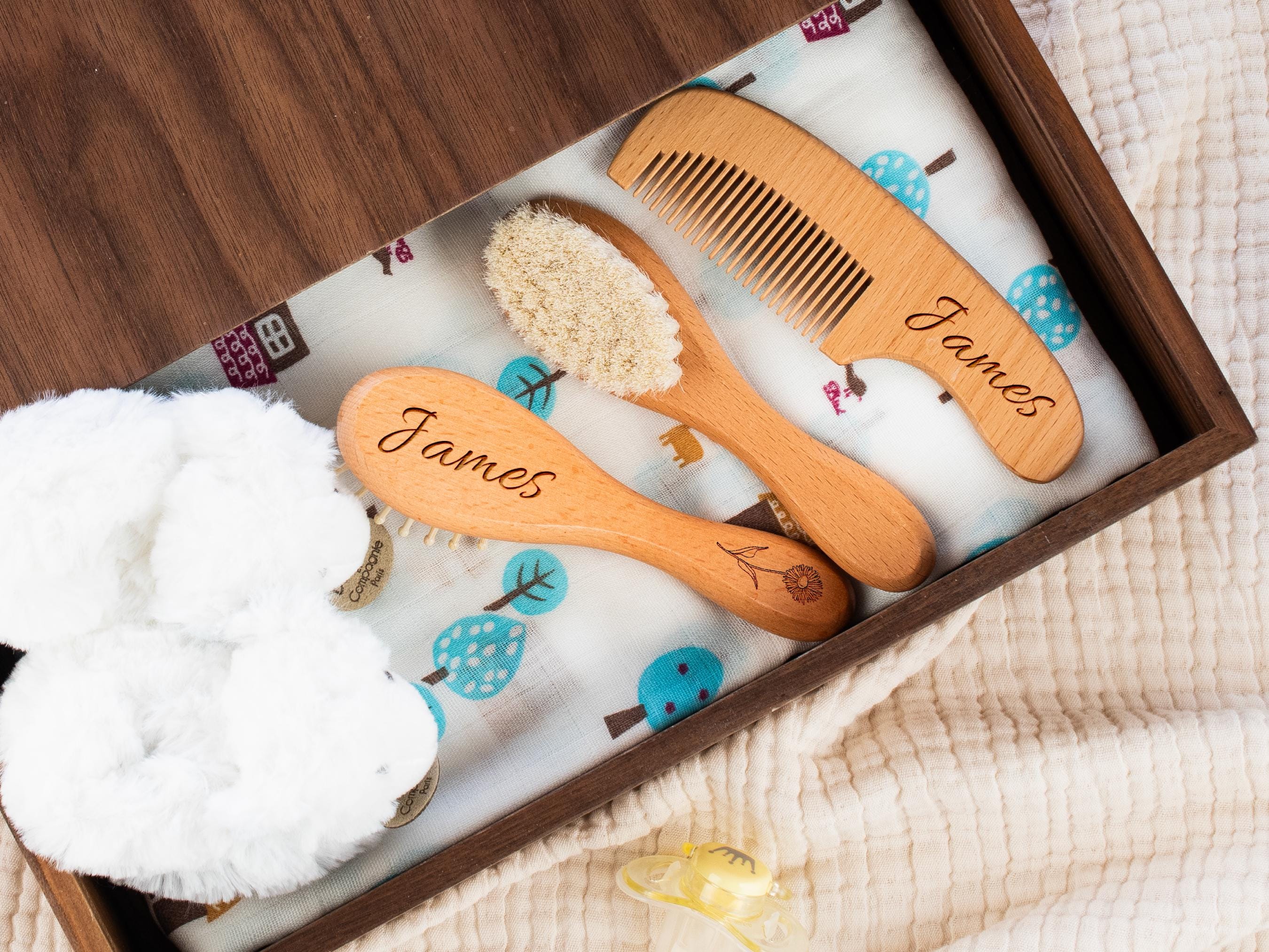 Set Personalizado De Cepillo Y Peine Para Bebés Con Nombre Grabado - Regalo Perfecto Para Recién Nacidos, De Madera Y Lana Natural
