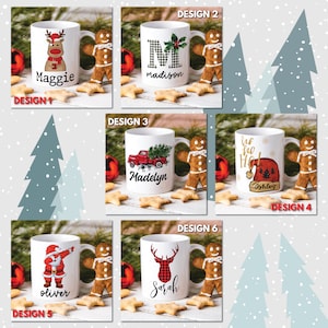 Puede incluir: Seis dise&ntilde;os diferentes de tazas de Navidad con nombres personalizados. Las tazas presentan un reno, una letra M, un cami&oacute;n rojo, un gorro de Pap&aacute; Noel, un Pap&aacute; Noel y una cabeza de reno.