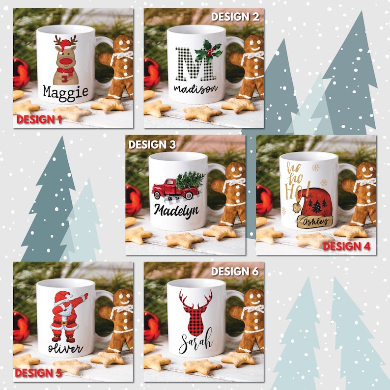 Puede incluir: Seis dise&ntilde;os diferentes de tazas de Navidad con nombres personalizados. Las tazas presentan un reno, una letra M, un cami&oacute;n rojo, un gorro de Pap&aacute; Noel, un Pap&aacute; Noel y una cabeza de reno.