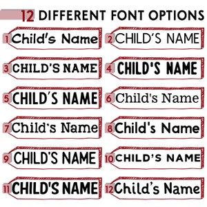 Op de afbeelding: Twaalf verschillende lettertypen voor "Kinders naam" weergegeven in een rood en wit rechthoekig frame. De lettertypen zijn allemaal zwart.