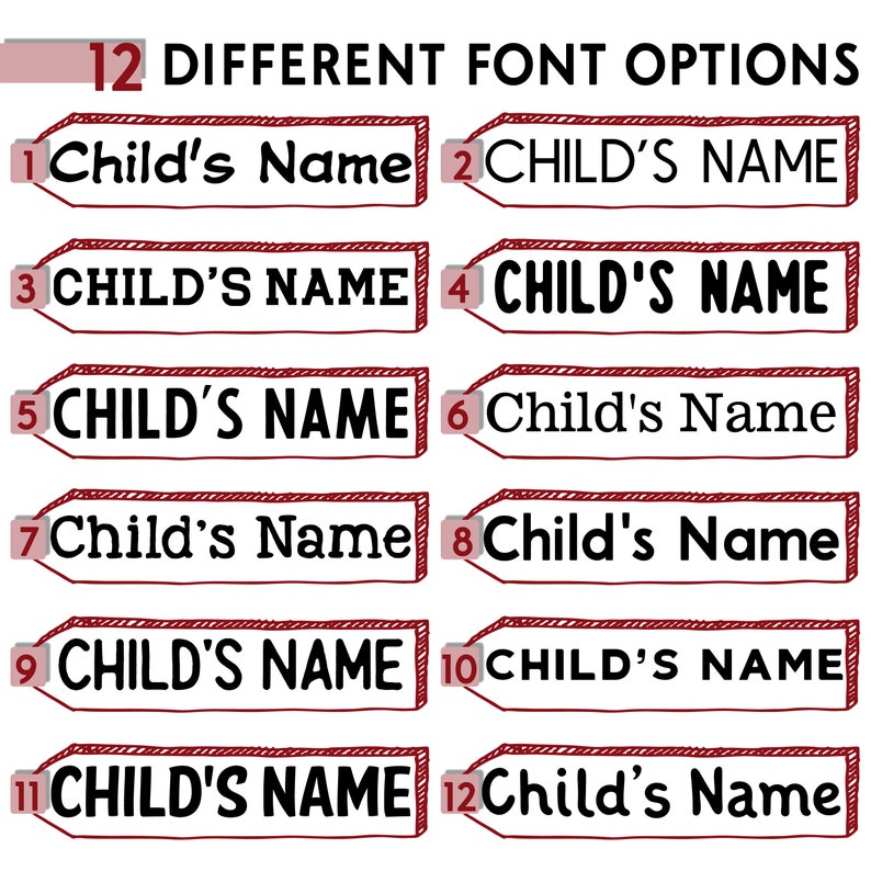 Op de afbeelding: Twaalf verschillende lettertypen voor "Kinders naam" weergegeven in een rood en wit rechthoekig frame. De lettertypen zijn allemaal zwart.