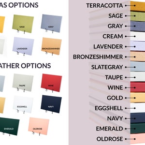 May include: A chart showing different canvas and PU leather options for a product. The canvas options are: Terracotta, Sage, Gray, Cream, Lavender, and Bronze Shimmer. The PU leather options are: Slate Gray, Taupe, Wine, Gold, Eggshell, Navy, Emerald, and Old Rose.