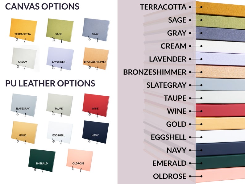 May include: A chart showing different canvas and PU leather options for a product. The canvas options are: Terracotta, Sage, Gray, Cream, Lavender, and Bronze Shimmer. The PU leather options are: Slate Gray, Taupe, Wine, Gold, Eggshell, Navy, Emerald, and Old Rose.