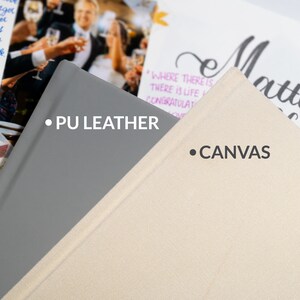 May include: Two photo album covers, one gray and one beige, with the words "PU Leather" and "Canvas" printed on them.
