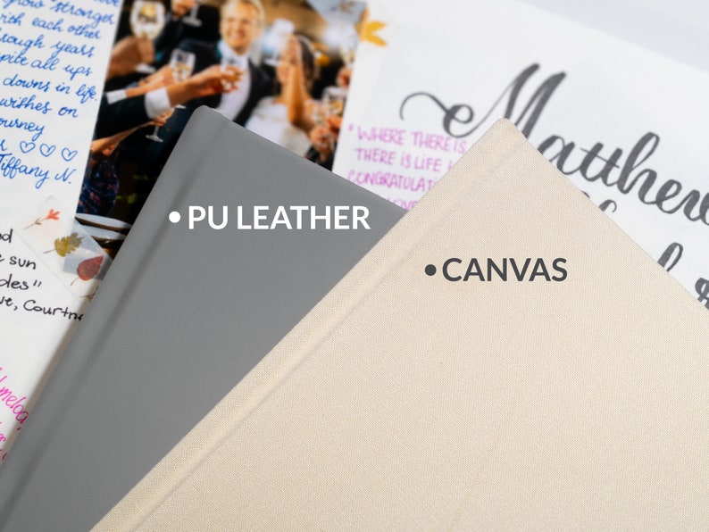 May include: Two photo album covers, one gray and one beige, with the words "PU Leather" and "Canvas" printed on them.