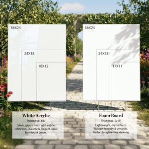 May include: Two white rectangular display boards, one acrylic and one foam board, each with different size options: 36x24 inches, 24x18 inches, and 18x12 inches for the acrylic, and 17x11 inches for the foam board. The acrylic has a glossy finish, and the foam board has a matte finish.