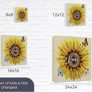 May include: A canvas wall art print featuring a sunflower design with the word "Nana" in the center. The sunflower has a leopard print center and is surrounded by names and butterflies. Available in 8x8, 12x12, 16x16, and 24x24 inch sizes.