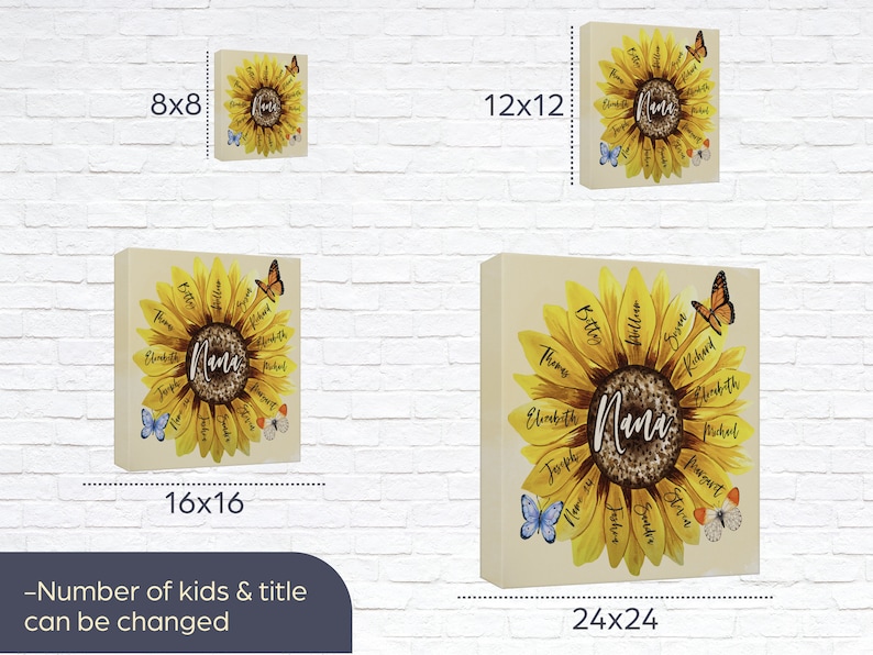 May include: A canvas wall art print featuring a sunflower design with the word "Nana" in the center. The sunflower has a leopard print center and is surrounded by names and butterflies. Available in 8x8, 12x12, 16x16, and 24x24 inch sizes.
