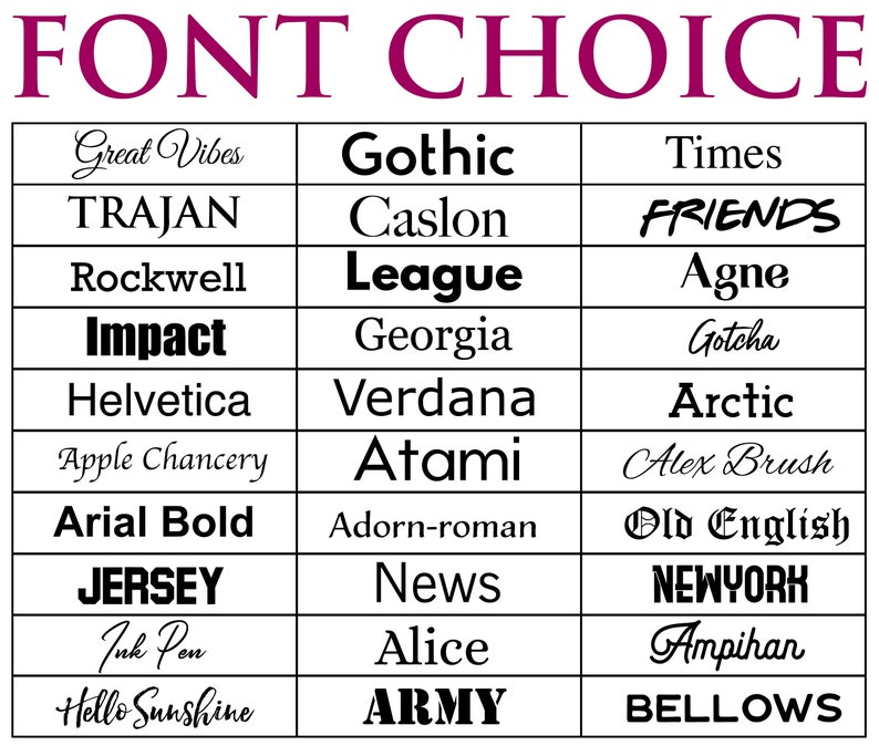 Puede incluir: Un gr&aacute;fico con una lista de diferentes fuentes, incluyendo "Great Vibes", "Gothic", "Times", "TRAJAN", "Caslon", "FRIENDS", "Rockwell", "League", "Agne", "Impact", "Georgia", "Gotcha", "Helvetica", "Verdana", "Arctic", "Apple Chancery", "Atami", "Alex Brush", "Arial Bold", "Adorn-roman", "Old English", "JERSEY", "News", "NEWYORK", "Ink Pen", "Alice", "Ampihan", "Hello Sunshine", "ARMY" y "BELLOWS".