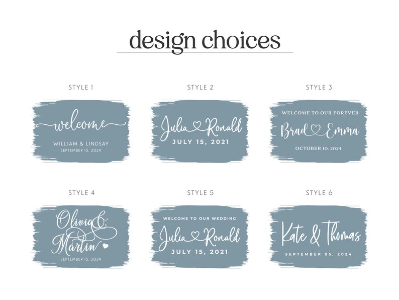 Pu&ograve; includere: Grafica con sei opzioni di design per la segnaletica nuziale. Ogni design presenta testo bianco su sfondo blu-grigio. Il testo include nomi, date e frasi come "welcome" e "welcome to our wedding."