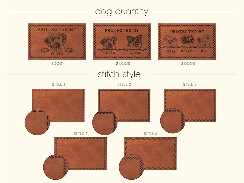 May include: A brown leather patch with different stitch styles and options for 1, 2, or 3 dogs. The text "Protected By" is displayed on each patch with the dog's name(s) below.