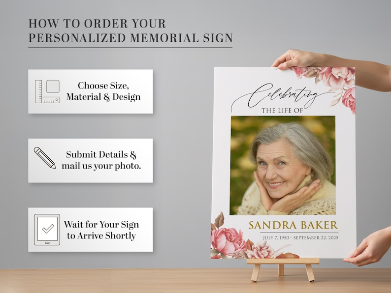 May include: A personalized memorial sign featuring a photo of Sandra Baker, with the text "Celebrating the Life Of." The sign includes dates and floral accents. Instructions on how to order are also displayed.