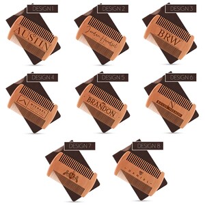 May include: Eight different designs for a wooden beard comb with a leather case. The combs are engraved with various names and designs, including a mustache, a mountain, and a crown.
