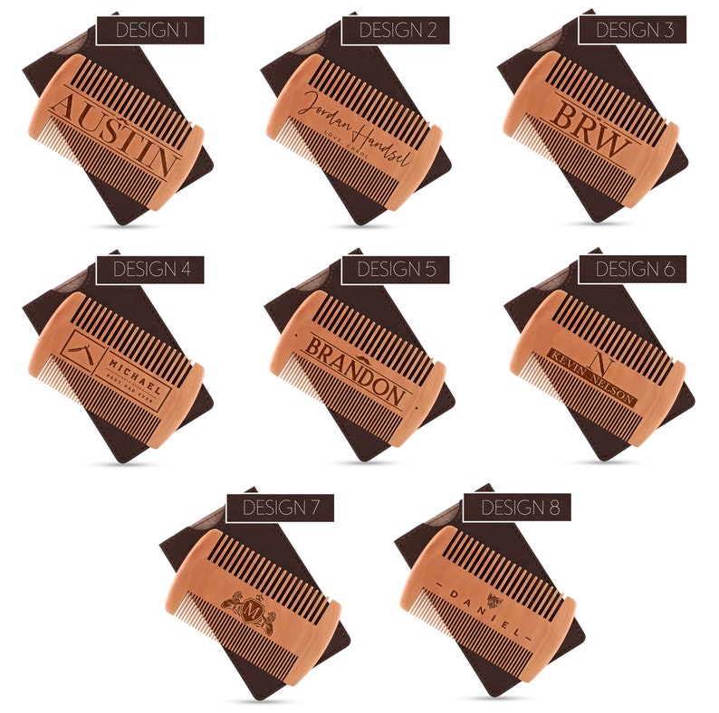May include: Eight different designs for a wooden beard comb with a leather case. The combs are engraved with various names and designs, including a mustache, a mountain, and a crown.