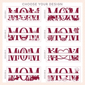 May include: Eight different designs for a "MOM" split monogram with various decorative elements. The designs include floral, wine, kitchen, bear, heart, and chef themes.